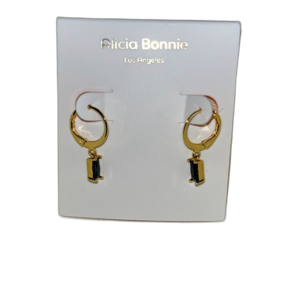 Alicia Bonnie Gold Hoop Earrings Black Charm Gemstone Drop Dangle Boho Chic NEW - Picture 2 of 4